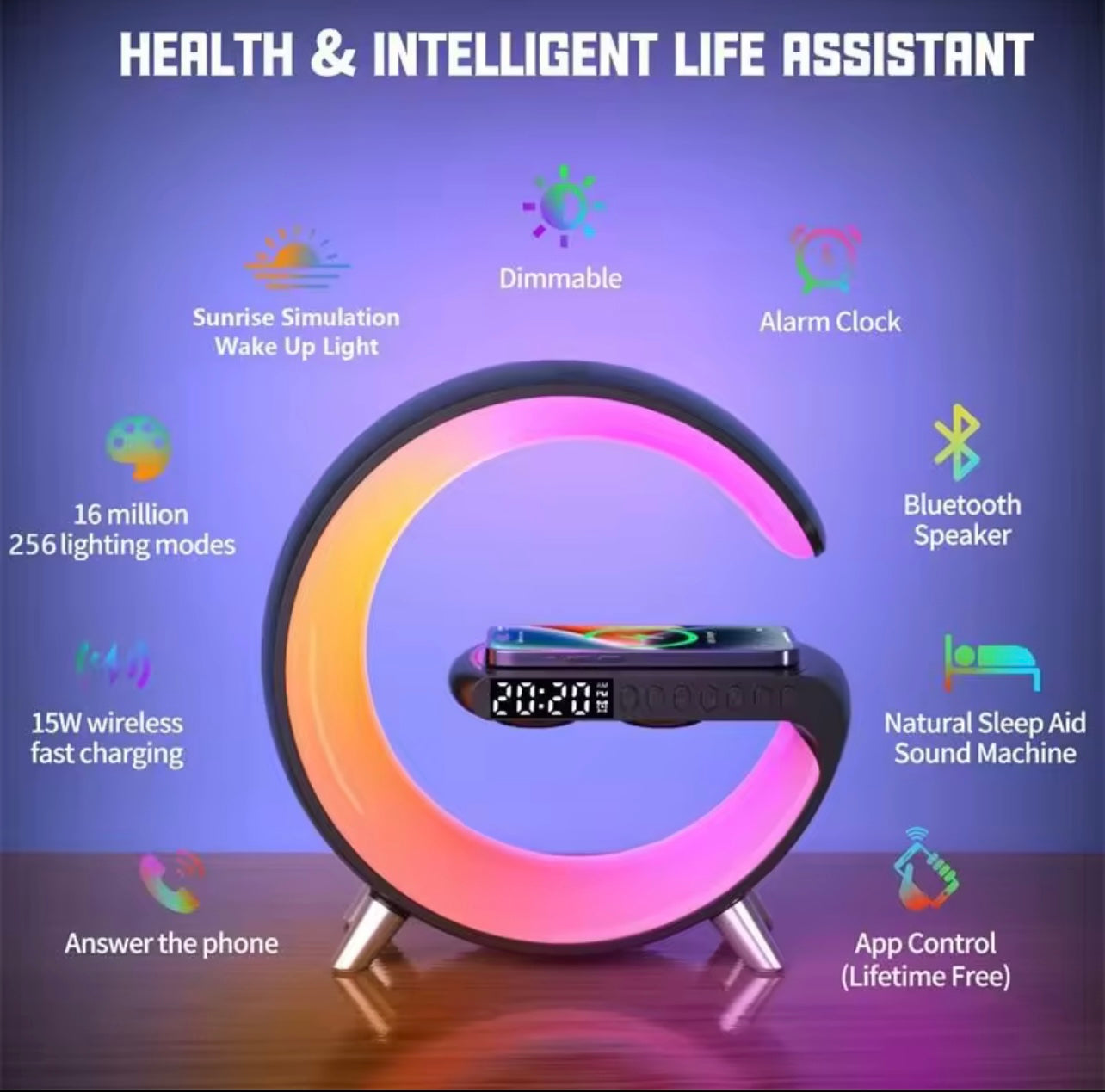 Best Gift Multi LED Light Alarm Clock Bedside Lamp Wireless Charger Dock Wireless Speaker For iPhone and Android